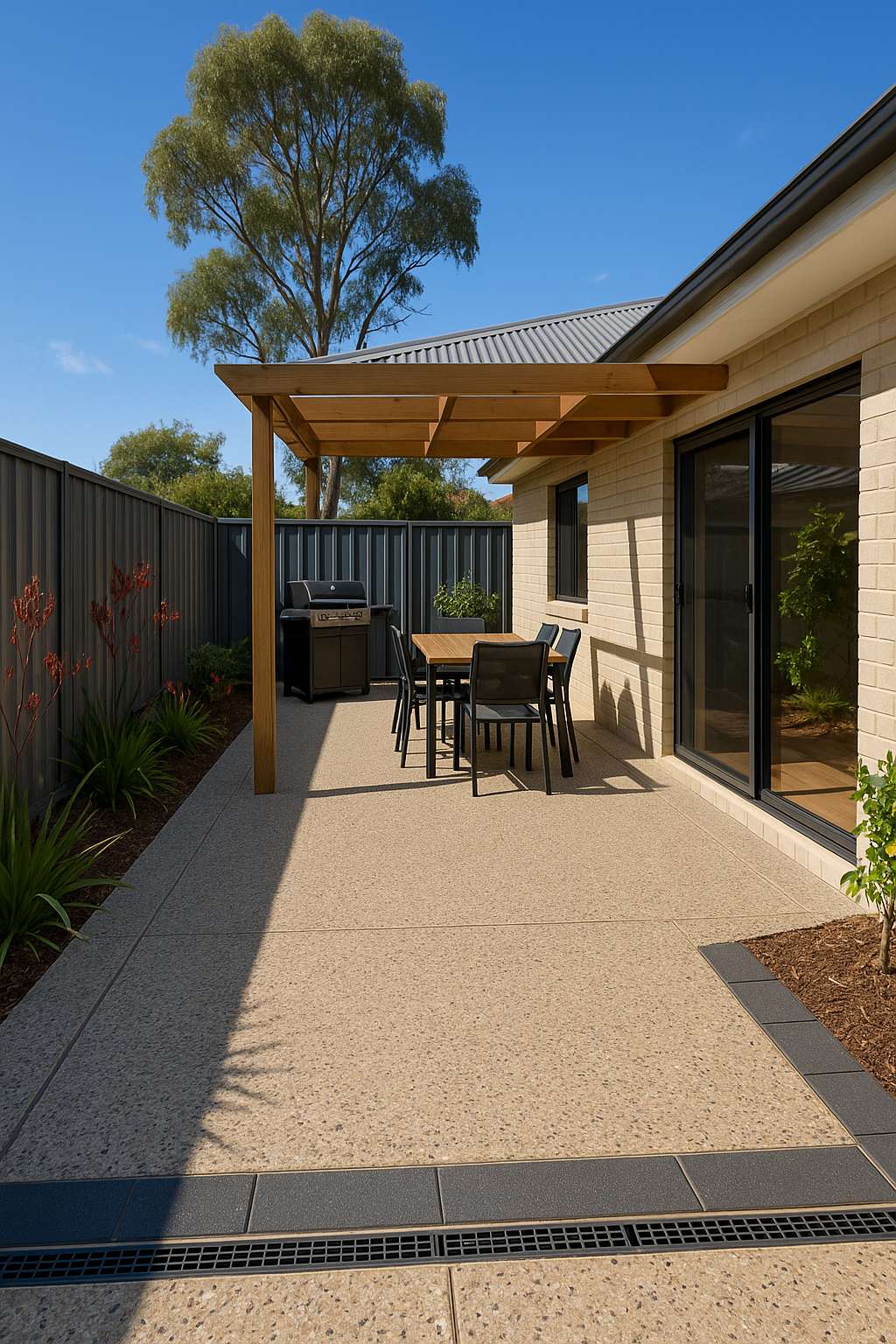 Courtyard with exposed aggregate and contrast border in Adelaide