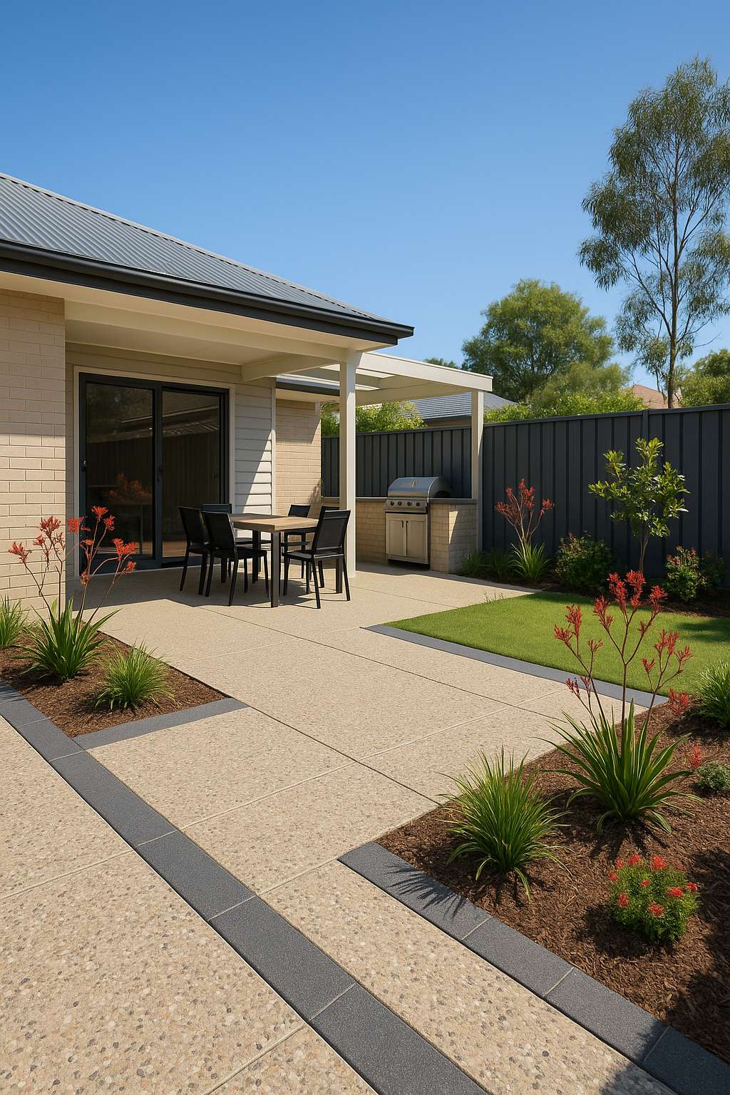 Outdoor entertaining area with exposed aggregate in Adelaide